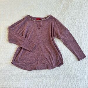 Jennifer Lopez XL Sparkle Knit Top Purple Beaded Neckline Long Sleeve Blouse W18